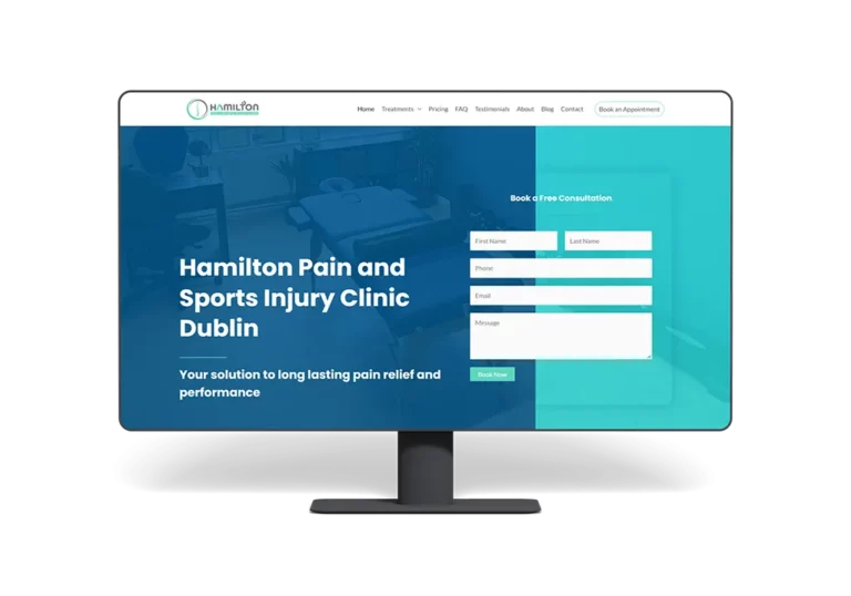 Desktop computer screen with Hamilton Pain and Sports Injury Clinic website