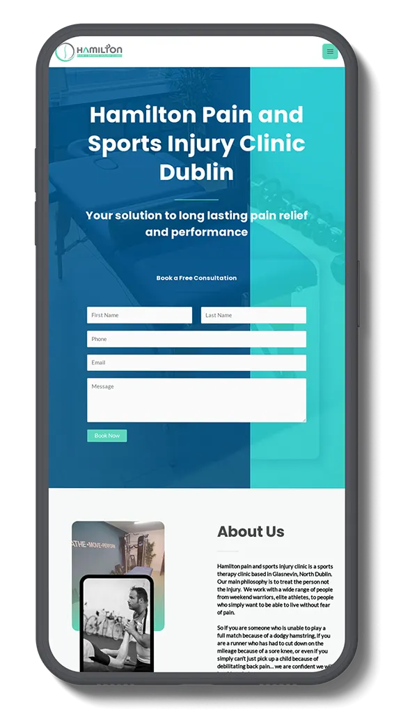 Smartphone screen with sportsinjurydublin.ie website