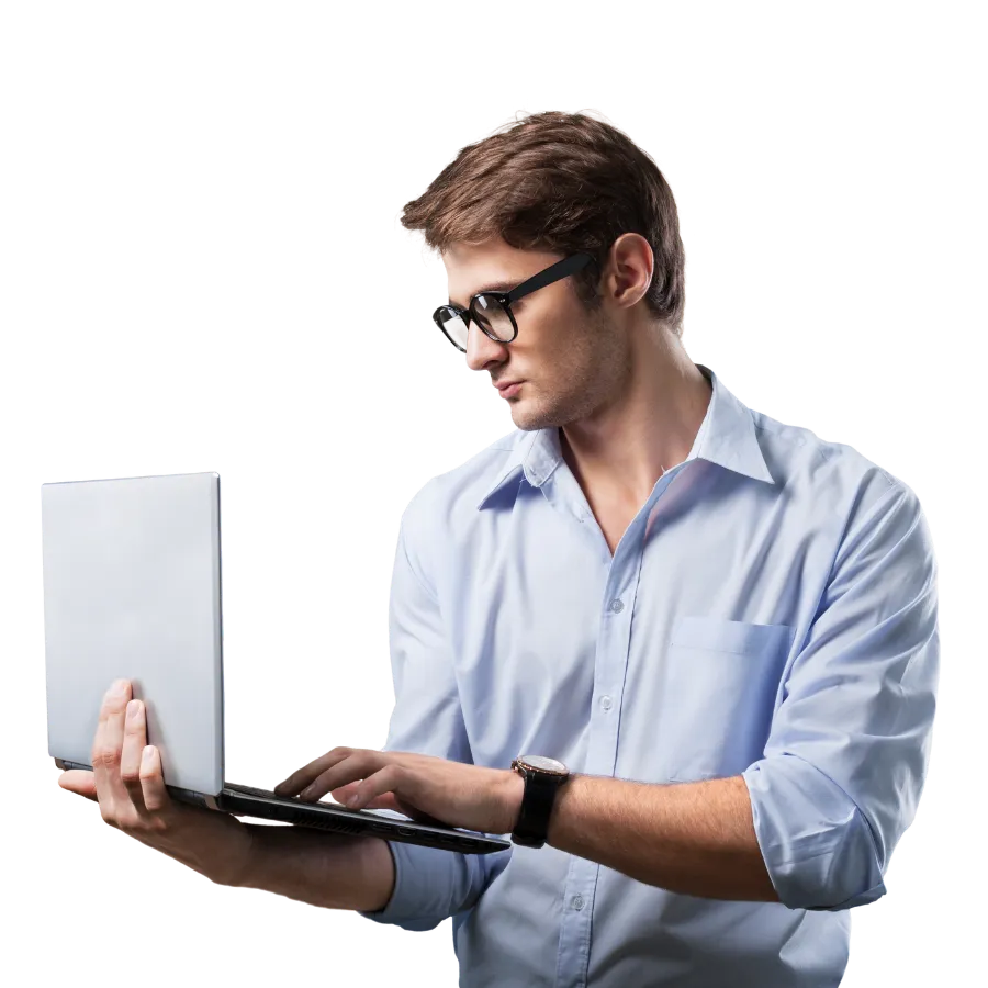 a man holding laptop while working on website redesign
